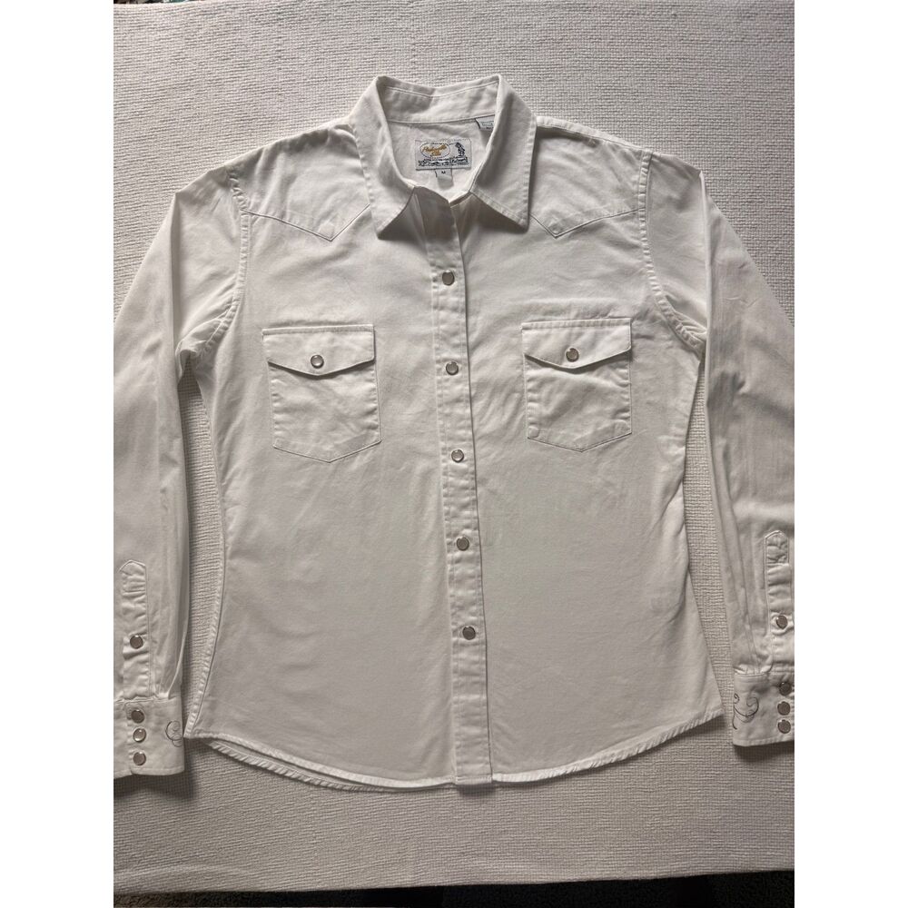 Panhandle Slim Retro Western Wear White Embroidered Snap Shirt Size Medium